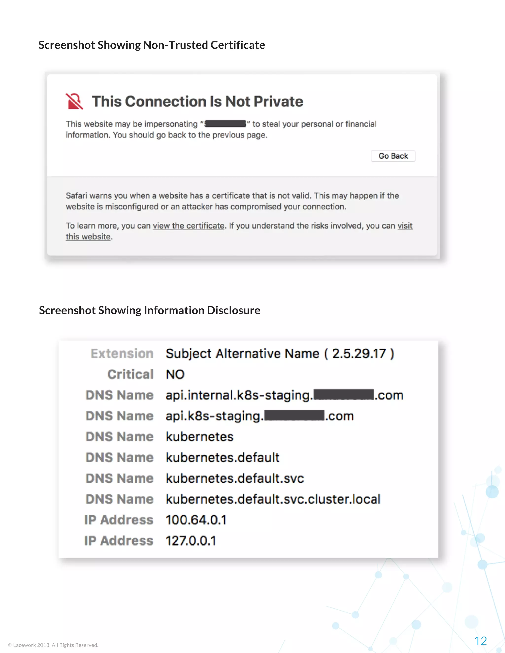 Screenshot Showing Non-Trusted Certificate
Screenshot Showing Information Disclosure
© Lacework 2018. All Rights Reserved. 12
 