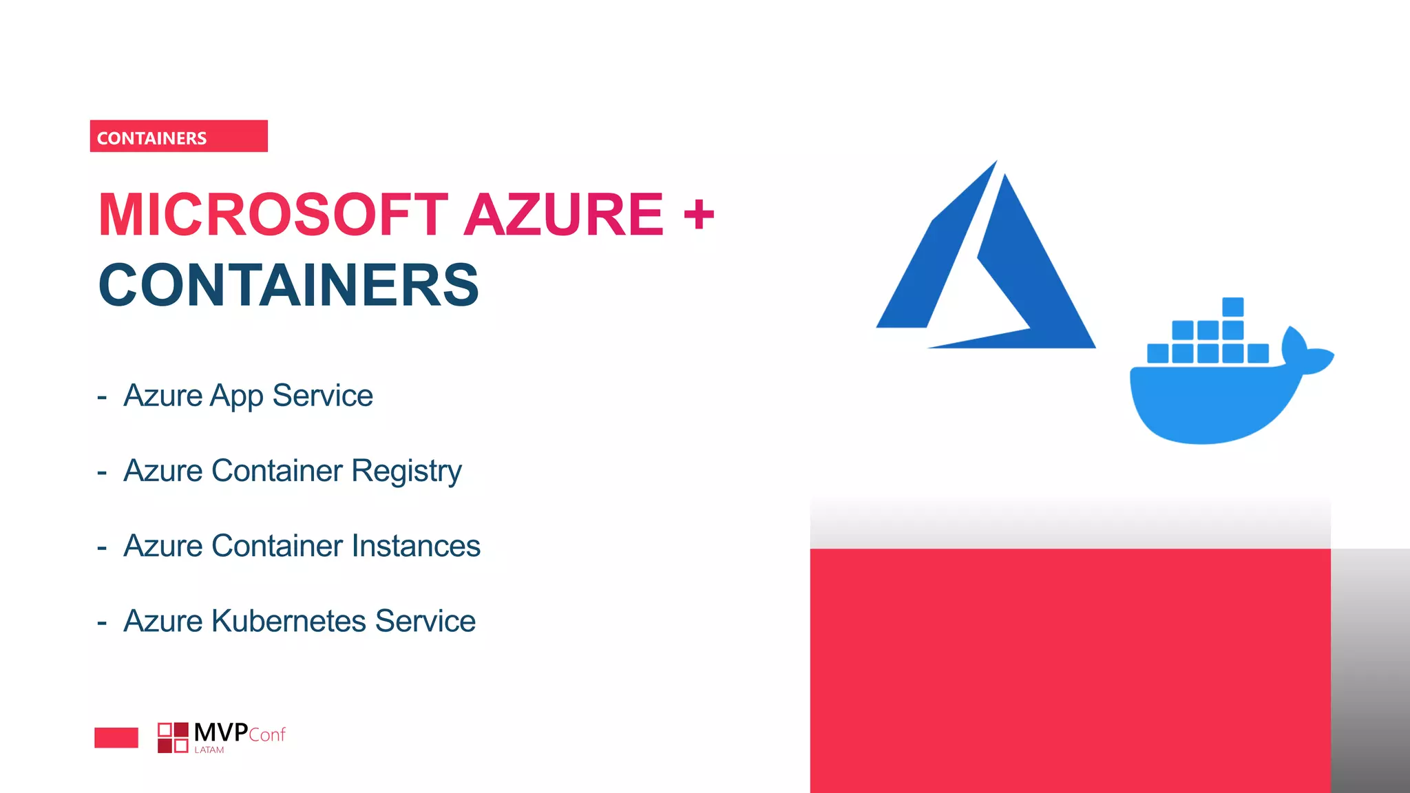 CONTAINERS
CONTAINERS
- Azure App Service
- Azure Container Registry
- Azure Container Instances
- Azure Kubernetes Service
 