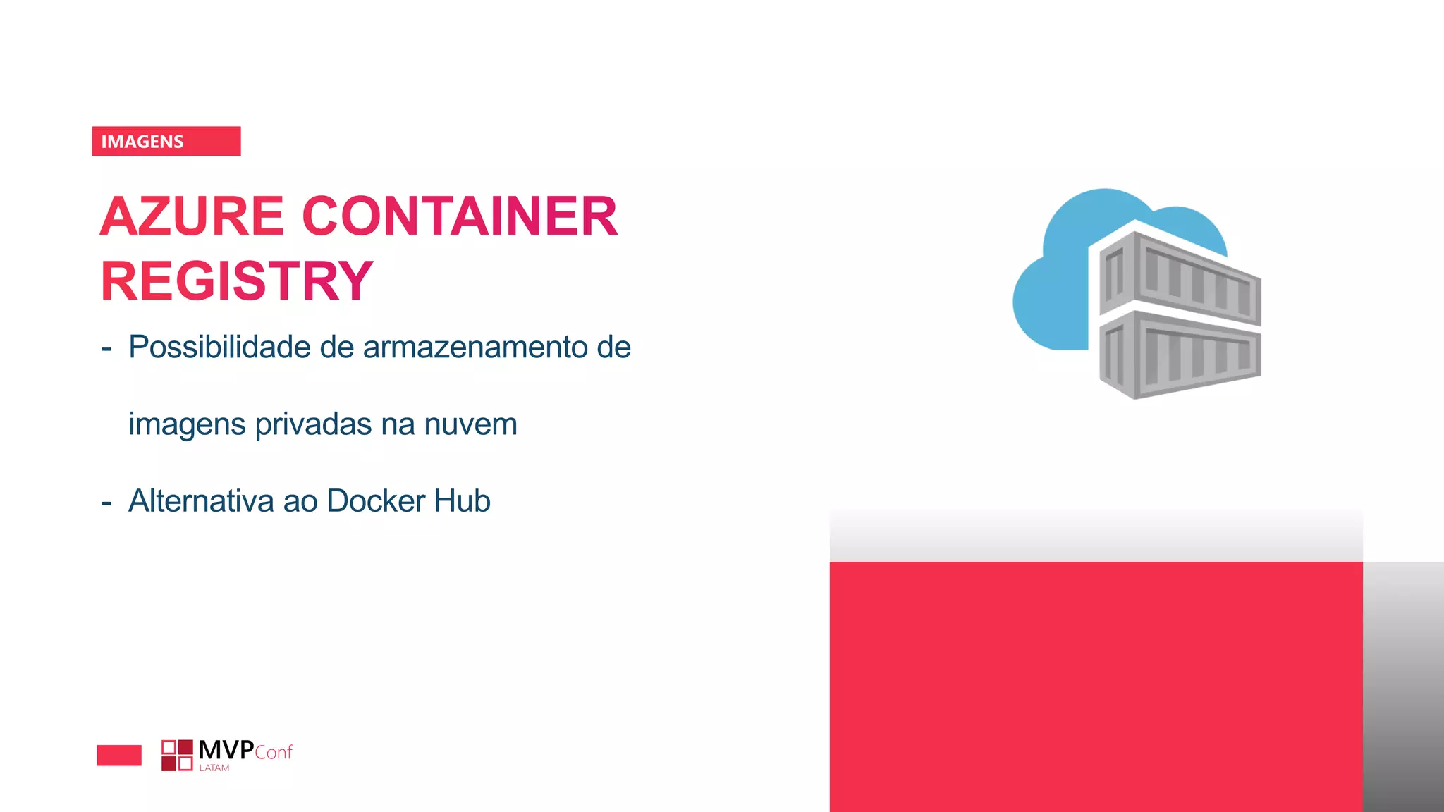 IMAGENS
- Possibilidade de armazenamento de
imagens privadas na nuvem
- Alternativa ao Docker Hub
 