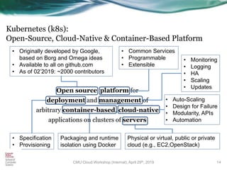 Kubernetes (k8s):
Open-Source, Cloud-Native & Container-Based Platform
Open source platform for
deployment and management of
arbitrary container-based, cloud-native
applications on clusters of servers
14
• Originally developed by Google,
based on Borg and Omega ideas
• Available to all on github.com
• As of 02’2019: ~2000 contributors
• Common Services
• Programmable
• Extensible
Physical or virtual, public or private
cloud (e.g., EC2,OpenStack)
• Specification
• Provisioning
• Monitoring
• Logging
• HA
• Scaling
• Updates
Packaging and runtime
isolation using Docker
• Auto-Scaling
• Design for Failure
• Modularity, APIs
• Automation
CMU Cloud Workshop (Internal), April 29th, 2019
 