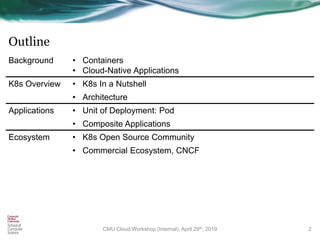 Outline
2
Background • Containers
• Cloud-Native Applications
K8s Overview • K8s In a Nutshell
• Architecture
Applications • Unit of Deployment: Pod
• Composite Applications
Ecosystem • K8s Open Source Community
• Commercial Ecosystem, CNCF
CMU Cloud Workshop (Internal), April 29th, 2019
 