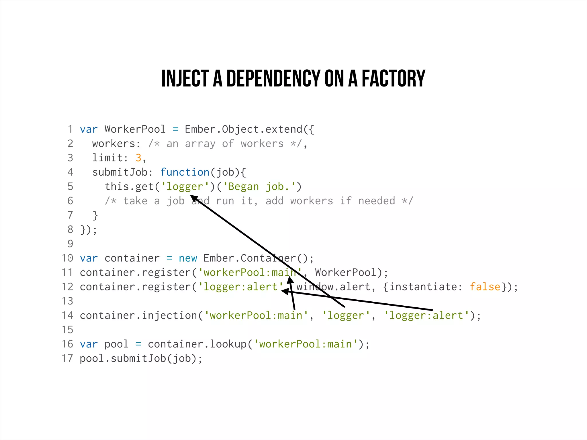 Inject a dependency on a factory
1
2
3
4
5
6
7
8
9
10
11
12
13
14
15
16
17

var WorkerPool = Ember.Object.extend({
workers: /* an array of workers */,
limit: 3,
submitJob: function(job){
this.get('logger')('Began job.')
/* take a job and run it, add workers if needed */
}
});
var container = new Ember.Container();
container.register('workerPool:main', WorkerPool);
container.register('logger:alert', window.alert, {instantiate: false});
container.injection('workerPool:main', 'logger', 'logger:alert');
var pool = container.lookup('workerPool:main');
pool.submitJob(job);

 