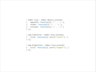 1 Ember.View = Ember.Object.extend({
2
appendTo: function(){ /* ... */ },
3
render: function(){ /* ... */ },
4
rerender: function(){ /* ... */ }
5 });
1 App.IndexView = Ember.View.extend({
2
click: function(){ alert('click!'); }
3 });
1 App.WidgetView = Ember.View.extend({
2
click: function(){ alert('widget!'); }
3 });

 