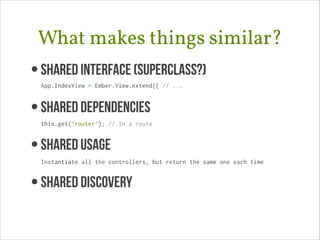 What makes things similar?
• Shared Interface (superclass?) 
App.IndexView = Ember.View.extend({ // ...

• SHARED DEPENDENCIES 
this.get('router'); // In a route

• SHAREd USAGE 
Instantiate all the controllers, but return the same one each time

• SHARED DISCOVERY

 