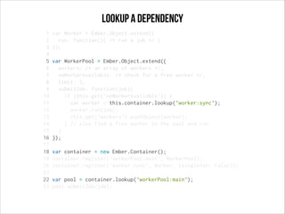 Lookup a dependency
1
2
3
4
5
6
7
8
9
10
11
12
13
14
15
16
17
18
19
20
21
22
23

var Worker = Ember.Object.extend({
run: function(){ /* run a job */ }
});
var WorkerPool = Ember.Object.extend({
workers: /* an array of workers */,
noWorkerAvailable: /* check for a free worker */,
limit: 3,
submitJob: function(job){
if (this.get('noWorkerAvailable')) {
var worker = this.container.lookup('worker:sync');
worker.run(job);
this.get('workers').pushObject(worker);
} // else find a free worker in the pool and run
}
});
var container = new Ember.Container();
container.register('workerPool:main', WorkerPool);
container.register('worker:sync', Worker, {singleton: false});
var pool = container.lookup('workerPool:main');
pool.submitJob(job);

 