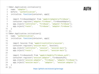 1
2
3
4
5
6
7
8
9
10
11
12
13
14
15
16
17
18
19
20
21
22
23
24
25
26

Ember.Application.initializer({
name: 'adapter',
before: 'authentication',
initialize: function(container, app){
import FirebaseAdapter from 'appkit/adapters/firebase';
container.register('adapter:firebase', FirebaseAdapter);
app.inject('controller', 'firebase', 'adapter:firebase');
app.inject('route',
'firebase', 'adapter:firebase');
}
});
Ember.Application.initializer({
name: 'authentication',
initialize: function(container, app){
import Session from 'appkit/controllers/session';
container.register('session:main', Session);
app.inject('controller', 'session', 'session:main');
app.inject('route',
'session', 'session:main');
import FirebaseAuth from 'appkit/models/firebase_auth';
container.register('session:adapter', FirebaseAuth);
app.inject('session:adapter', 'firebase', 'adapter:firebase');
app.inject('session:main',
'adapter', 'session:adapter');
}
});

https://github.com/mixonic/grimvisage

auth

 