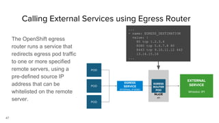 47
Calling External Services using Egress Router
The OpenShift egress
router runs a service that
redirects egress pod traffic
to one or more specified
remote servers, using a
pre-defined source IP
address that can be
whitelisted on the remote
server.
NODE
IP1
EGRESS
ROUTER
POD
IP1
EGRESS
SERVICE
INTERNAL-IP:8080
EXTERNAL
SERVICE
Whitelist: IP1
POD
POD
POD
...
- name: EGRESS_DESTINATION
value: |
80 tcp 1.2.3.4
8080 tcp 5.6.7.8 80
8443 tcp 9.10.11.12 443
13.14.15.16
...
 