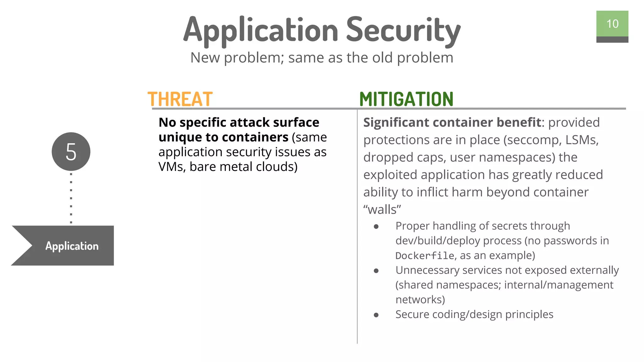 10
Application Security
New problem; same as the old problem
Application
5
No specific attack surface
unique to containers (same
application security issues as
VMs, bare metal clouds)
Significant container benefit: provided
protections are in place (seccomp, LSMs,
dropped caps, user namespaces) the
exploited application has greatly reduced
ability to inflict harm beyond container
“walls”
● Proper handling of secrets through
dev/build/deploy process (no passwords in
Dockerfile, as an example)
● Unnecessary services not exposed externally
(shared namespaces; internal/management
networks)
● Secure coding/design principles
THREAT MITIGATION
 