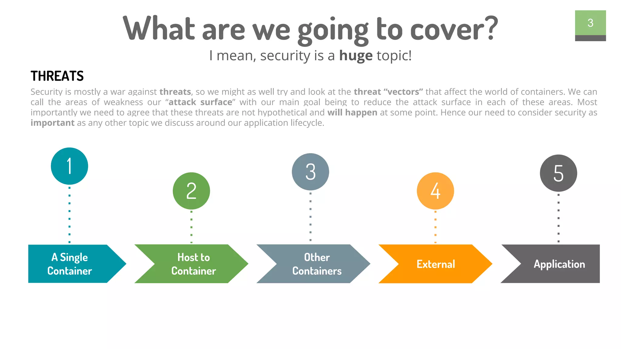 What are we going to cover?
I mean, security is a huge topic!
3
Security is mostly a war against threats, so we might as well try and look at the threat “vectors” that affect the world of containers. We can
call the areas of weakness our “attack surface” with our main goal being to reduce the attack surface in each of these areas. Most
importantly we need to agree that these threats are not hypothetical and will happen at some point. Hence our need to consider security as
important as any other topic we discuss around our application lifecycle.
THREATS
A Single
Container
Host to
Container
Other
Containers
ApplicationExternal
1
2
3
4
5
 