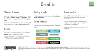 Credits 21
Microsoft® and PowerPoint® are trademarks
or registered trademarks of Microsoft
Corporation.
© 2016 Google Inc, used with permission.
Google and the Google logo are registered
trademarks of Google Inc.
Google Drive® is a registered trademark of
Google Inc.
The Template provides a theme with four basic
colors:
The backgrounds were created by Free Google
Slides Templates.
Vectorial Shapes in this Template were created
by Free Google Slides Templates and
downloaded from pexels.com and unsplash.
com.
Icons in this Template are part of Google®
Material Icons and 1001freedownloads.com.
Shapes & Icons Backgrounds
Fonts
Color Palette
Trademarks
The fonts used in this template are taken from
Google fonts. ( Dosis,Open Sans )
You can download the fonts from the following
url: https://www.google.com/fonts/
#93c47dff #0097a7ff
#78909cff #eeeeeeff
#f7b600ff #00ce00e3
#de445eff #000000ff
Important: All our templates are free to use under Creative Commons Attribution License. If you use the graphic assets (photos,
icons and typographies) included in this Google Slides Templates you must keep the Credits slide or add all attributions in the last
slide notes.
 