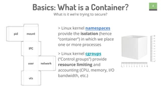 Basics: What is a Container?
> Linux kernel namespaces
provide the isolation (hence
“container”) in which we place
one or more processes
> Linux kernel cgroups
(“Control groups”) provide
resource limiting and
accounting (CPU, memory, I/O
bandwidth, etc.)
4
What is it we’re trying to secure?
pid mount
IPC
user network
uts
 