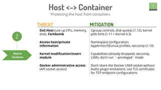 7
Host <-> Container
Host to
Container
2
Protecting the host from containers
DoS Host (use up CPU, memory,
disk), Forkbomb
Cgroup controls, disk quotas (1.12), kernel
pids limit (1.11 + Kernel 4.3)
Access host/private
information
Namespace configuration;
AppArmor/SELinux profiles, seccomp (1.10)
Kernel modification/insert
module
Capabilities (already dropped); seccomp,
LSMs; don’t run `--privileged` mode
Docker administrative access
(API socket access)
Don’t share the Docker UNIX socket without
Authz plugin limitations; use TLS certificates
for TCP endpoint configurations
THREAT MITIGATION
 
