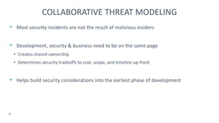 • Most security incidents are not the result of malicious insiders
• Development, security & business need to be on the same page
• Creates shared ownership
• Determines security tradeoffs to cost, scope, and timeline up-front
• Helps build security considerations into the earliest phase of development
24
COLLABORATIVE THREAT MODELING
 