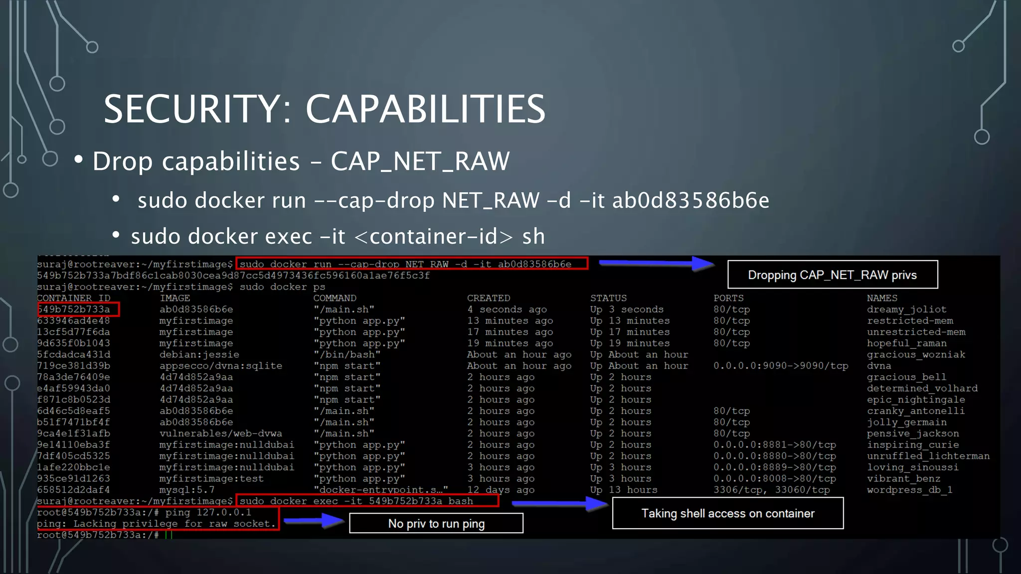 SECURITY: CAPABILITIES
• Drop capabilities – CAP_NET_RAW
• sudo docker run --cap-drop NET_RAW -d -it ab0d83586b6e
• sudo docker exec -it <container-id> sh
 