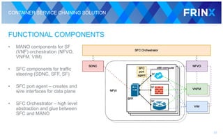 CONTAINER SERVICE CHAINING SOLUTION
FUNCTIONAL COMPONENTS
• MANO components for SF
(VNF) orchestration (NFVO,
VNFM, VIM)
• SFC components for traffic
steering (SDNC, SFF, SF)
• SFC port agent – creates and
wire interfaces for data plane
• SFC Orchestrator – high level
abstraction and glue between
SFC and MANO
39
 