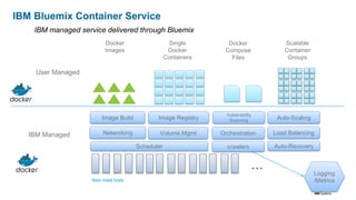 IBM Systems
IBM Bluemix Container Service
Scheduler
Networking Volume Mgmt
…
Orchestration
Image Build Image Registry
Vuln...