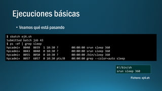 $ sbatch ej4.sh
Submitted batch job 43
$ ps -ef | grep sleep
hpcadmi+ 8040 8039 1 10:30 ? 00:00:00 srun sleep 360
hpcadmi+ 8043 8040 0 10:30 ? 00:00:00 srun sleep 360
hpcadmi+ 8055 8050 0 10:30 ? 00:00:00 /bin/sleep 360
hpcadmi+ 8057 6057 0 10:30 pts/0 00:00:00 grep --color=auto sleep
#!/bin/sh
srun sleep 360
Fichero: ej4.sh
 