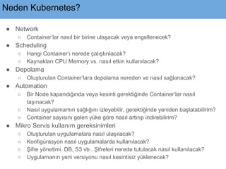 Neden Kubernetes?
● Network
○ Container’lar nasıl bir birine ulaşacak veya engellenecek?
● Scheduling
○ Hangi Container’ı ...