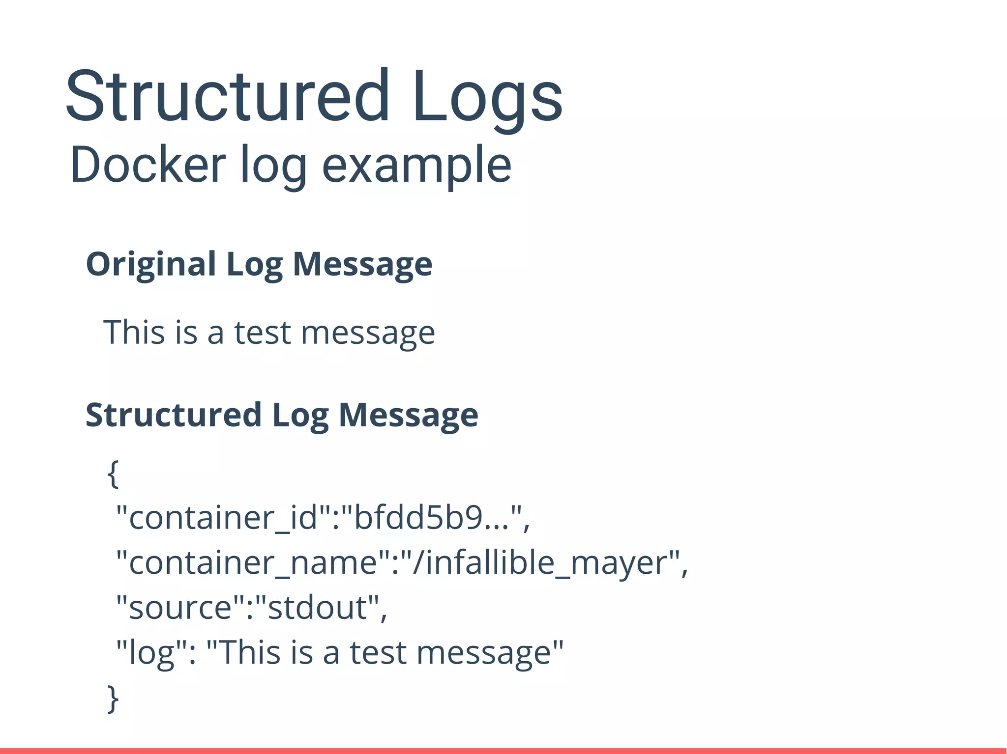Structured Logs
Docker log example
Original Log Message
This is a test message
Structured Log Message
{
"container_id":"bfdd5b9...",
"container_name":"/infallible_mayer",
"source":"stdout",
"log": "This is a test message"
}
 