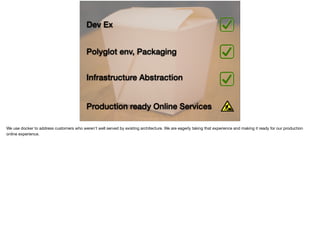 Infrastructure Abstraction
Dev Ex
Production ready Online Services
Polyglot env, Packaging
 