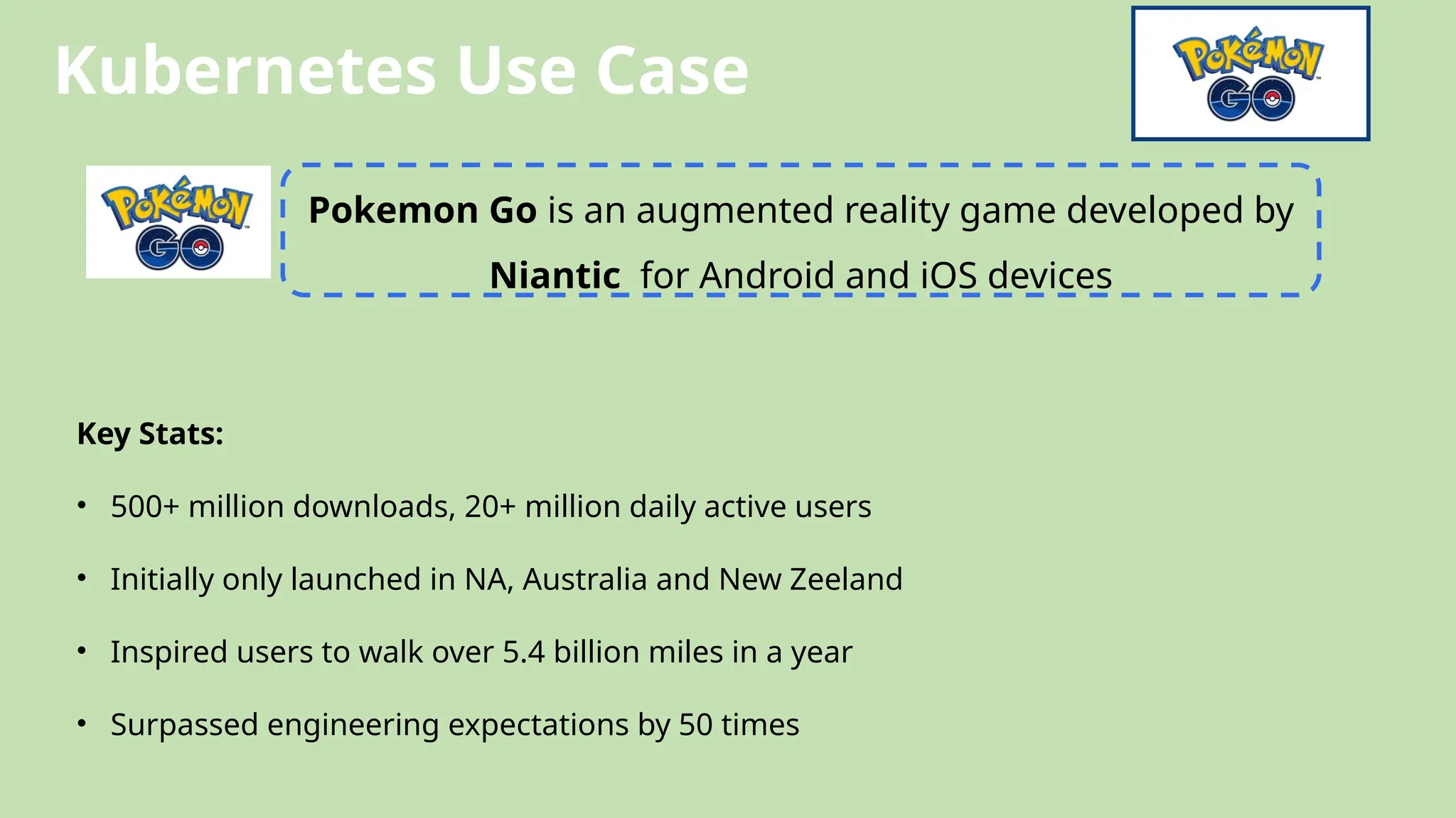Kubernetes Use Case
Pokemon Go is an augmented reality game developed by
Niantic for Android and iOS devices
Key Stats:
• 500+ million downloads, 20+ million daily active users
• Initially only launched in NA, Australia and New Zeeland
• Inspired users to walk over 5.4 billion miles in a year
• Surpassed engineering expectations by 50 times
 