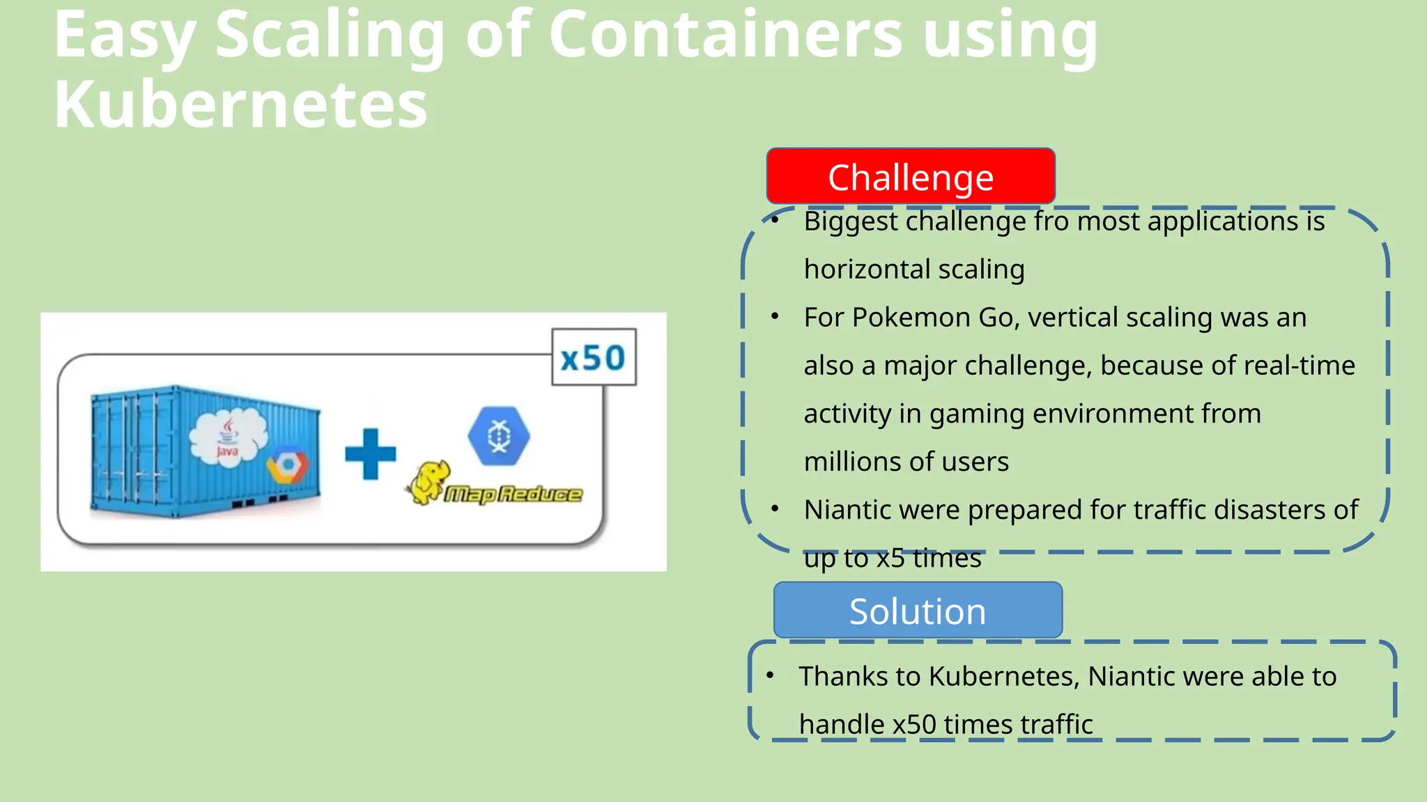 Easy Scaling of Containers using
Kubernetes
• Biggest challenge fro most applications is
horizontal scaling
• For Pokemon Go, vertical scaling was an
also a major challenge, because of real-time
activity in gaming environment from
millions of users
• Niantic were prepared for traffic disasters of
up to x5 times
Challenge
• Thanks to Kubernetes, Niantic were able to
handle x50 times traffic
Solution
 