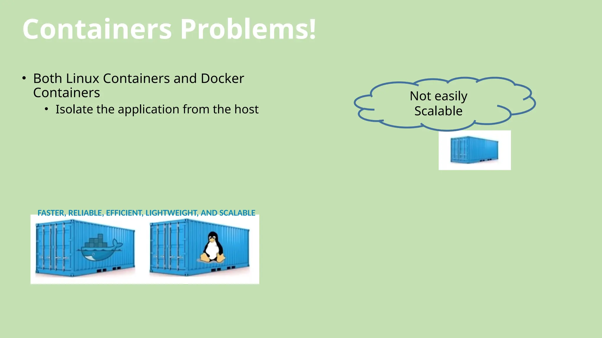 Containers Problems!
• Both Linux Containers and Docker
Containers
• Isolate the application from the host
FASTER, RELIABLE, EFFICIENT, LIGHTWEIGHT, AND SCALABLE
Not easily
Scalable
 