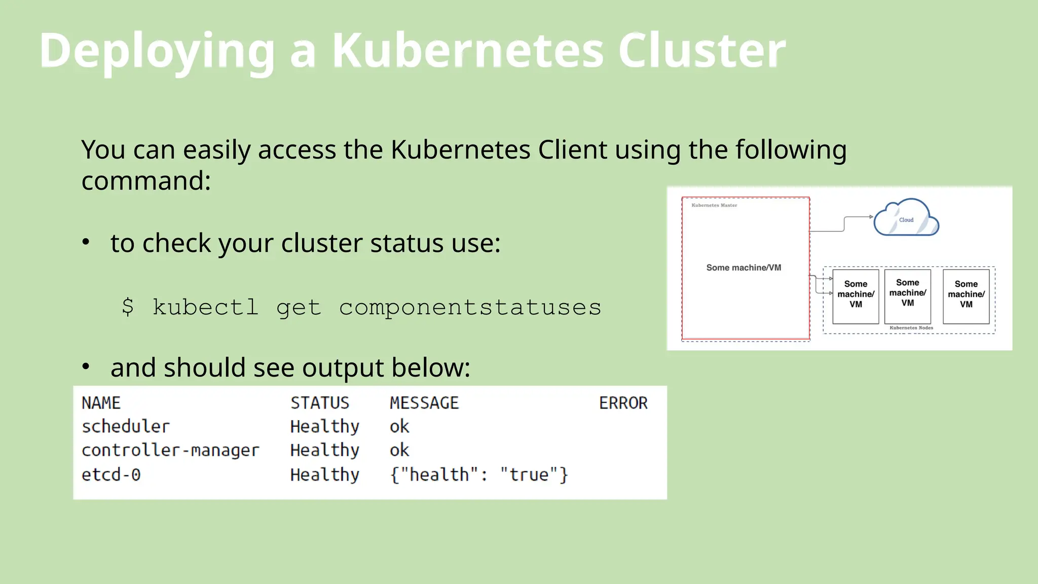 You can easily access the Kubernetes Client using the following
command:
• to check your cluster status use:
$ kubectl get componentstatuses
• and should see output below:
Deploying a Kubernetes Cluster
 
