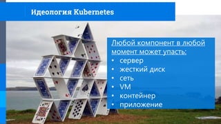 Идеология Kubernetes
Любой компонент в любой
момент может упасть:
• сервер
• жесткий диск
• сеть
• VM
• контейнер
• приложение
 