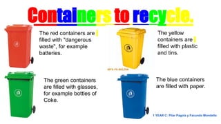 Containers to recycle.
The red containers are
filled with "dangerous
waste", for example
batteries.
The green containers
are filled with glasses,
for example bottles of
Coke.
The blue containers
are filled with paper.
The yellow
containers are
filled with plastic
and tins.
1 YEAR C: Pilar Pagola y Facundo Mondello
 