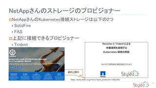 NetAppΥȥ`Υץӥʩ`
25
?NetAppKubernetesӾAȥ`¤2
? SolidFire
? FAS
?ӛ˽ӾAǤץӥʩ`
? Trident
YϹ_
https://www.stylez.co.jp/news/report_production-ready-k8s/
 