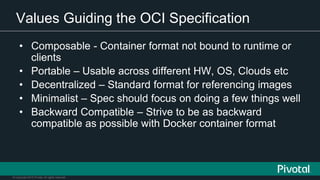 © Copyright 2015 Pivotal. All rights reserved.
Values Guiding the OCI Specification
• Composable - Container format not bound to runtime or
clients
• Portable – Usable across different HW, OS, Clouds etc
• Decentralized – Standard format for referencing images
• Minimalist – Spec should focus on doing a few things well
• Backward Compatible – Strive to be as backward
compatible as possible with Docker container format
 