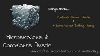 #microATX #containerSummit #k8sbday
Microservices &
Containers Austin
Today’s Meetup:
Container Summit Austin
&
Kubernetes 1st Birthday Party
 