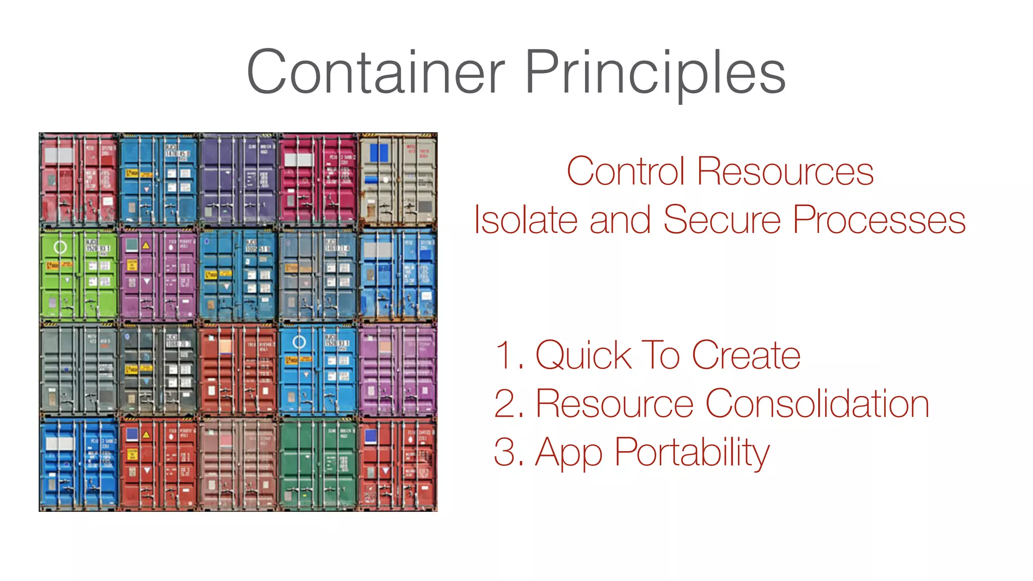 Container Principles
1. Quick To Create
2. Resource Consolidation
3. App Portability
Control Resources
Isolate and Secure Processes
 