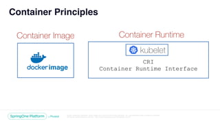 Unless otherwise indicated, these slides are © 2013-2018 Pivotal Software, Inc. and licensed under a Creative Commons
Attribution-NonCommercial license: http://creativecommons.org/licenses/by-nc/3.0/
image
Container Image
kubelet
CRI
Container Runtime Interface
Container Runtime
Container Principles
 