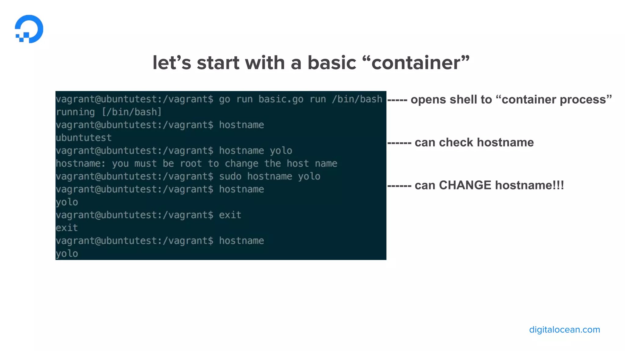 ----- opens shell to “container process”
------ can check hostname
------ can CHANGE hostname!!!
 