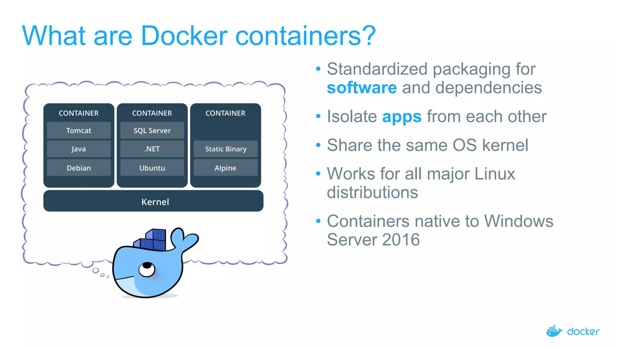 • Standardized packaging for
software and dependencies
• Isolate apps from each other
• Share the same OS kernel
• Works for all major Linux
distributions
• Containers native to Windows
Server 2016
What are Docker containers?
 