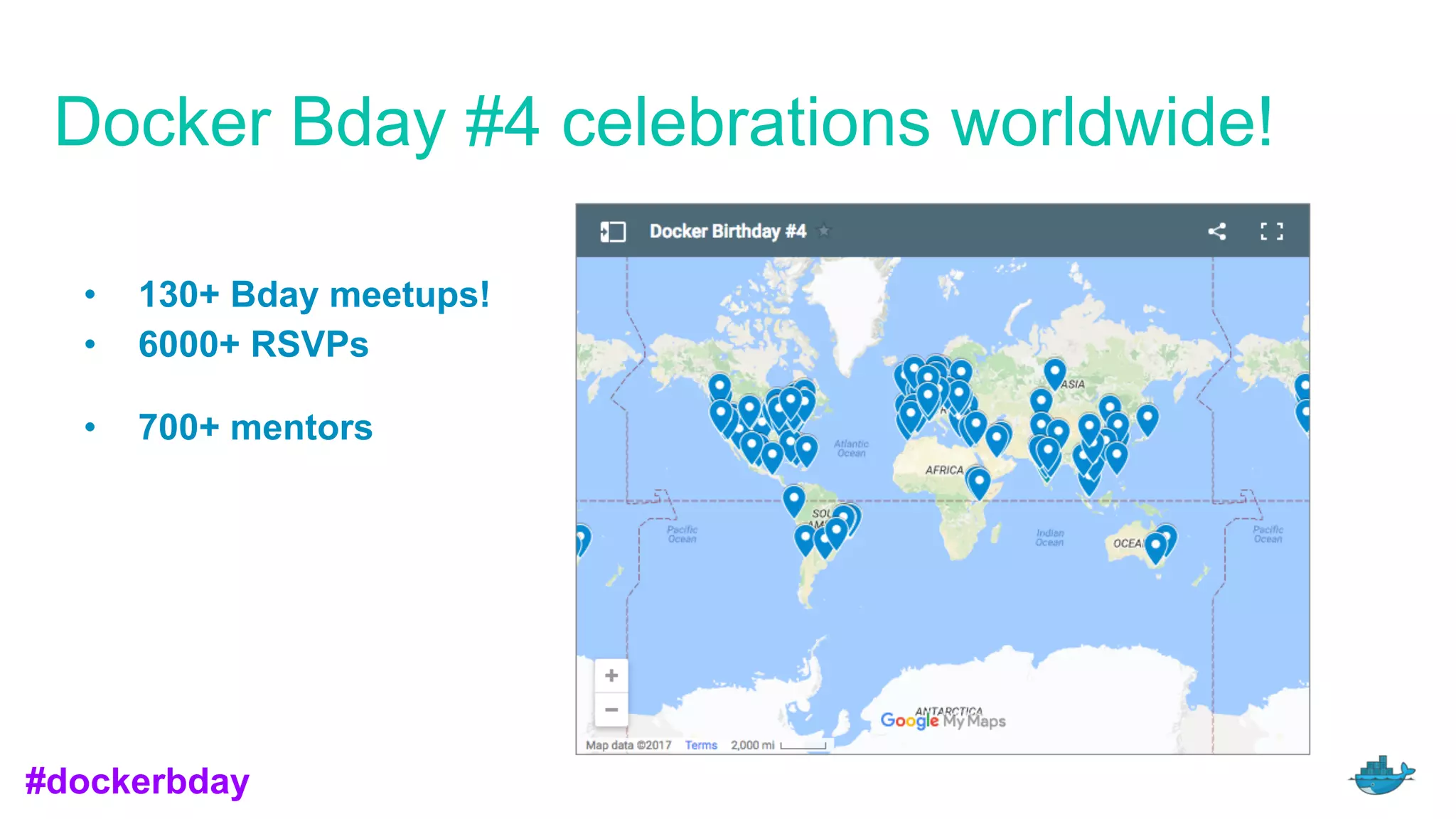 Docker Bday #4 celebrations worldwide!
• 150+ Bday meetups!
• 6000+ RSVPs
• 700+ mentors
#dockerbday
 