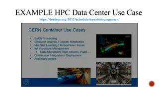 EXAMPLE HPC Data Center Use Case
https://fosdem.org/2017/schedule/event/magnumcern/
 