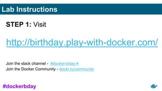 Lab Instructions
STEP 1: Visit
http://birthday.play-with-docker.com/
Join the slack channel - #docker-bday-4
Join the Docker Community - dockr.ly/community
#dockerbday
 