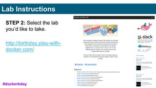 STEP 2: Select the lab
you’d like to take.
http://birthday.play-with-
docker.com/
Lab Instructions
#dockerbday
 