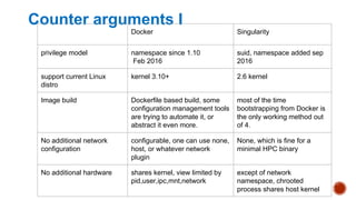 Counter arguments I
Docker Singularity
privilege model namespace since 1.10
Feb 2016
suid, namespace added sep
2016
support current Linux
distro
kernel 3.10+ 2.6 kernel
Image build Dockerfile based build, some
configuration management tools
are trying to automate it, or
abstract it even more.
most of the time
bootstrapping from Docker is
the only working method out
of 4.
No additional network
configuration
configurable, one can use none,
host, or whatever network
plugin
None, which is fine for a
minimal HPC binary
No additional hardware shares kernel, view limited by
pid,user,ipc,mnt,network
except of network
namespace, chrooted
process shares host kernel
 