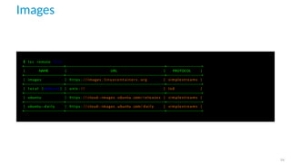 Images
$ l x c remote l i s t
+−−−−−−−−−−−−−−−−−+−−−−−−−−−−−−−−−−−−−−−−−−−−−−−−−−−−−−−−−−−−+−−−−−−−−−−−−−−−+
| NAME | URL | PROTOCOL |
+−−−−−−−−−−−−−−−−−+−−−−−−−−−−−−−−−−−−−−−−−−−−−−−−−−−−−−−−−−−−+−−−−−−−−−−−−−−−+
| images | https : // images . l i n u x c o n t a i n e r s . org | simplestreams |
+−−−−−−−−−−−−−−−−−+−−−−−−−−−−−−−−−−−−−−−−−−−−−−−−−−−−−−−−−−−−+−−−−−−−−−−−−−−−+
| l o c a l ( d e f a u l t ) | unix : // | l x d |
+−−−−−−−−−−−−−−−−−+−−−−−−−−−−−−−−−−−−−−−−−−−−−−−−−−−−−−−−−−−−+−−−−−−−−−−−−−−−+
| ubuntu | https : // cloud−images . ubuntu . com/ r e l e a s e s | simplestreams |
+−−−−−−−−−−−−−−−−−+−−−−−−−−−−−−−−−−−−−−−−−−−−−−−−−−−−−−−−−−−−+−−−−−−−−−−−−−−−+
| ubuntu−d a i l y | https : // cloud−images . ubuntu . com/ d a i l y | simplestreams |
+−−−−−−−−−−−−−−−−−+−−−−−−−−−−−−−−−−−−−−−−−−−−−−−−−−−−−−−−−−−−+−−−−−−−−−−−−−−−+
24
 