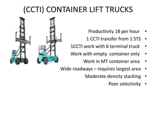 (CCTI) CONTAINER LIFT TRUCKS
•Productivity 18 per hour
•1 CCTI transfer from 1 STS
•1CCTI work with 6 terminal truck
•Work with empty container only
•Work in MT container area
•Wide roadways – requires largest area
•Moderate density stacking
•Poor selectivity
 