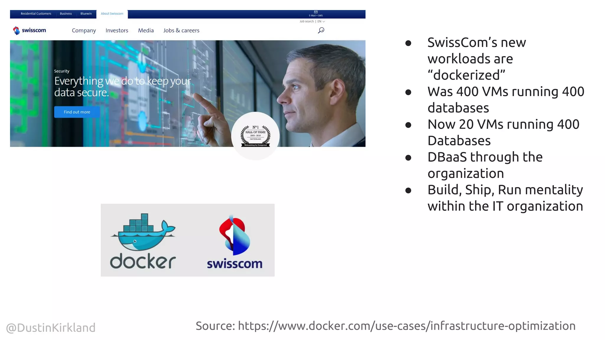 @DustinKirkland
● SwissCom’s new
workloads are
“dockerized”
● Was 400 VMs running 400
databases
● Now 20 VMs running 400
Databases
● DBaaS through the
organization
● Build, Ship, Run mentality
within the IT organization
Source: https://www.docker.com/use-cases/infrastructure-optimization
 