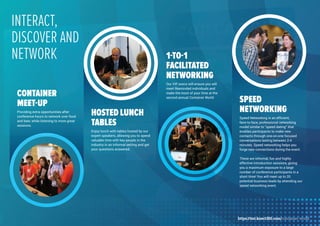 INTERACT,
DISCOVER AND
NETWORK
CONTAINER
MEET-UP
Providing extra opportunities after
conference hours to network over food
and beer, while listening to more great
sessions.
1-TO-1
FACILITATED
NETWORKING
Our VIP execs will ensure you will
meet likeminded individuals and
make the most of your time at the
second annual Container World
SPEED
NETWORKING
Speed Networking is an efficient,
face-to-face, professional networking
model similar to “speed dating” that
enables participants to make new
contacts through one-on-one focused
conversations lasting between 2-4
minutes. Speed networking helps you
forge new connections during the event.
These are informal, fun and highly
effective introduction sessions, giving
you a maximum exposure to a large
number of conference participants in a
short time! You will meet up to 20
potential business leads by attending our
speed networking event.
HOSTED LUNCH
TABLES
Enjoy lunch with tables hosted by our
expert speakers, allowing you to spend
valuable time with key people in the
industry in an informal setting and get
your questions answered.
https://tmt.knect365.com/container-world
 