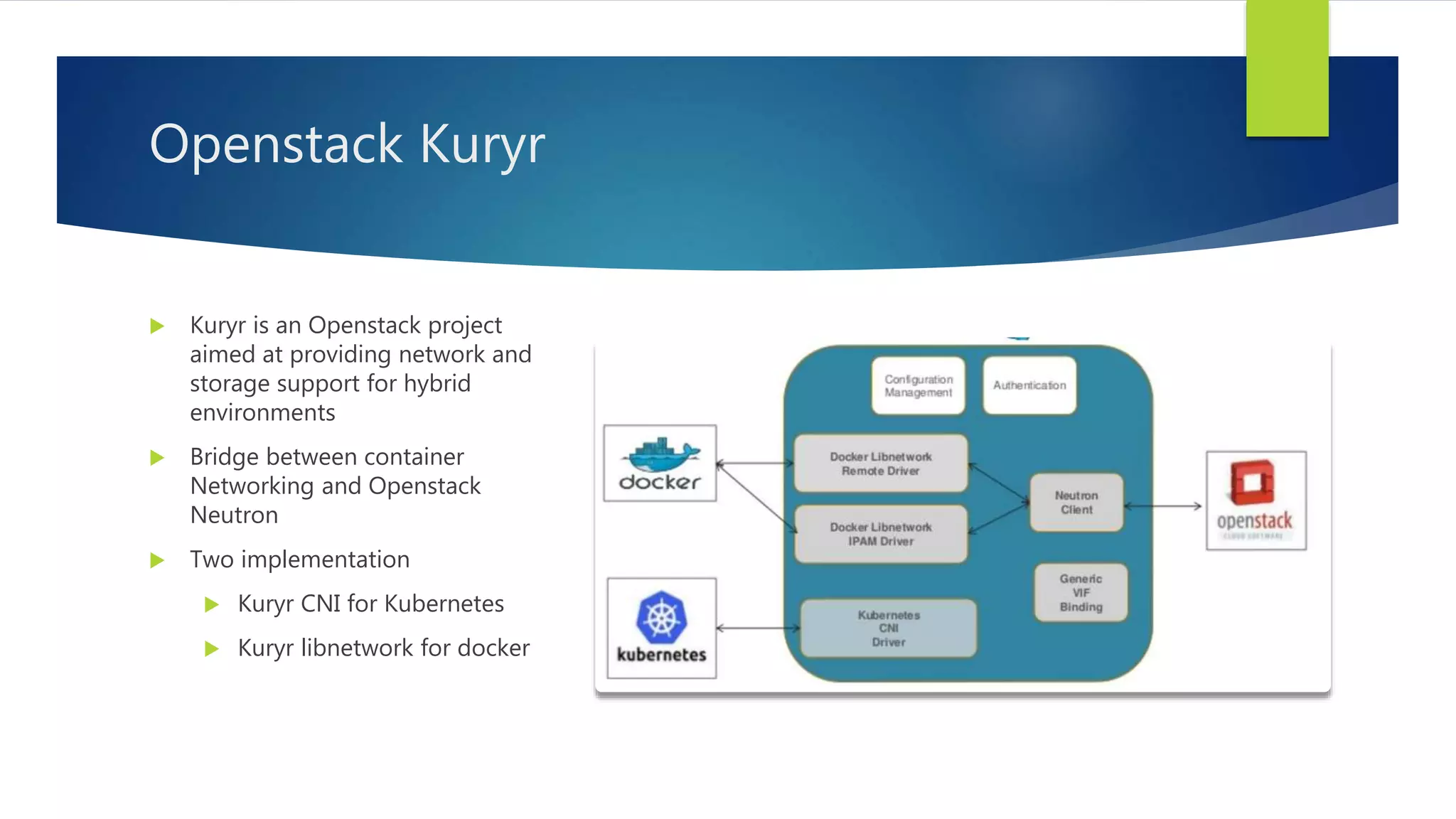 Openstack Kuryr
 Kuryr is an Openstack project
aimed at providing network and
storage support for hybrid
environments
 Bridge between container
Networking and Openstack
Neutron
 Two implementation
 Kuryr CNI for Kubernetes
 Kuryr libnetwork for docker
 