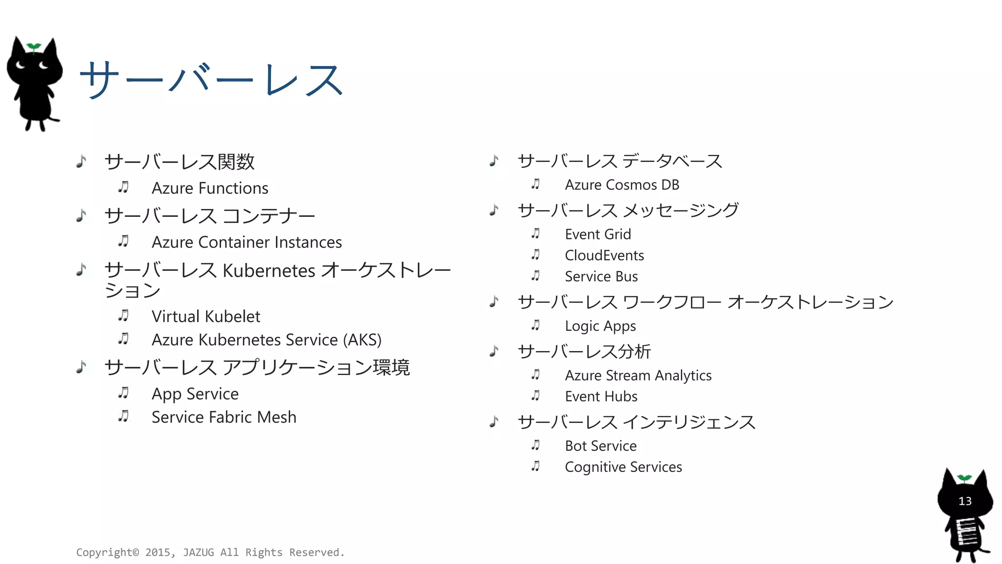 サーバーレス
サーバーレス関数
Azure Functions
サーバーレス コンテナー
Azure Container Instances
サーバーレス Kubernetes オーケストレー
ション
Virtual Kubelet
Azure Kubernetes Service (AKS)
サーバーレス アプリケーション環境
App Service
Service Fabric Mesh
Copyright© 2015, JAZUG All Rights Reserved.
13
サーバーレス データベース
Azure Cosmos DB
サーバーレス メッセージング
Event Grid
CloudEvents
Service Bus
サーバーレス ワークフロー オーケストレーション
Logic Apps
サーバーレス分析
Azure Stream Analytics
Event Hubs
サーバーレス インテリジェンス
Bot Service
Cognitive Services
 