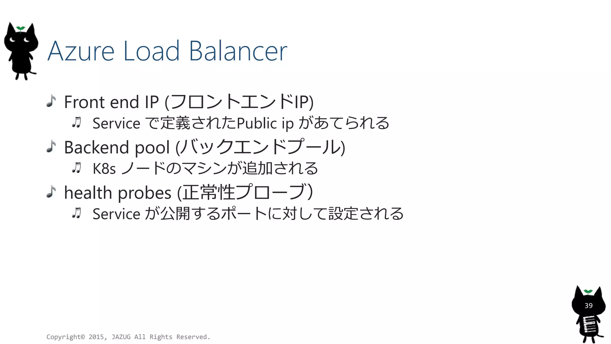 Azure Load Balancer
Front end IP (フロントエンドIP)
Service で定義されたPublic ip があてられる
Backend pool (バックエンドプール)
K8s ノードのマシンが追加される
health probes (正常性プローブ）
Service が公開するポートに対して設定される
Copyright© 2015, JAZUG All Rights Reserved.
39
 