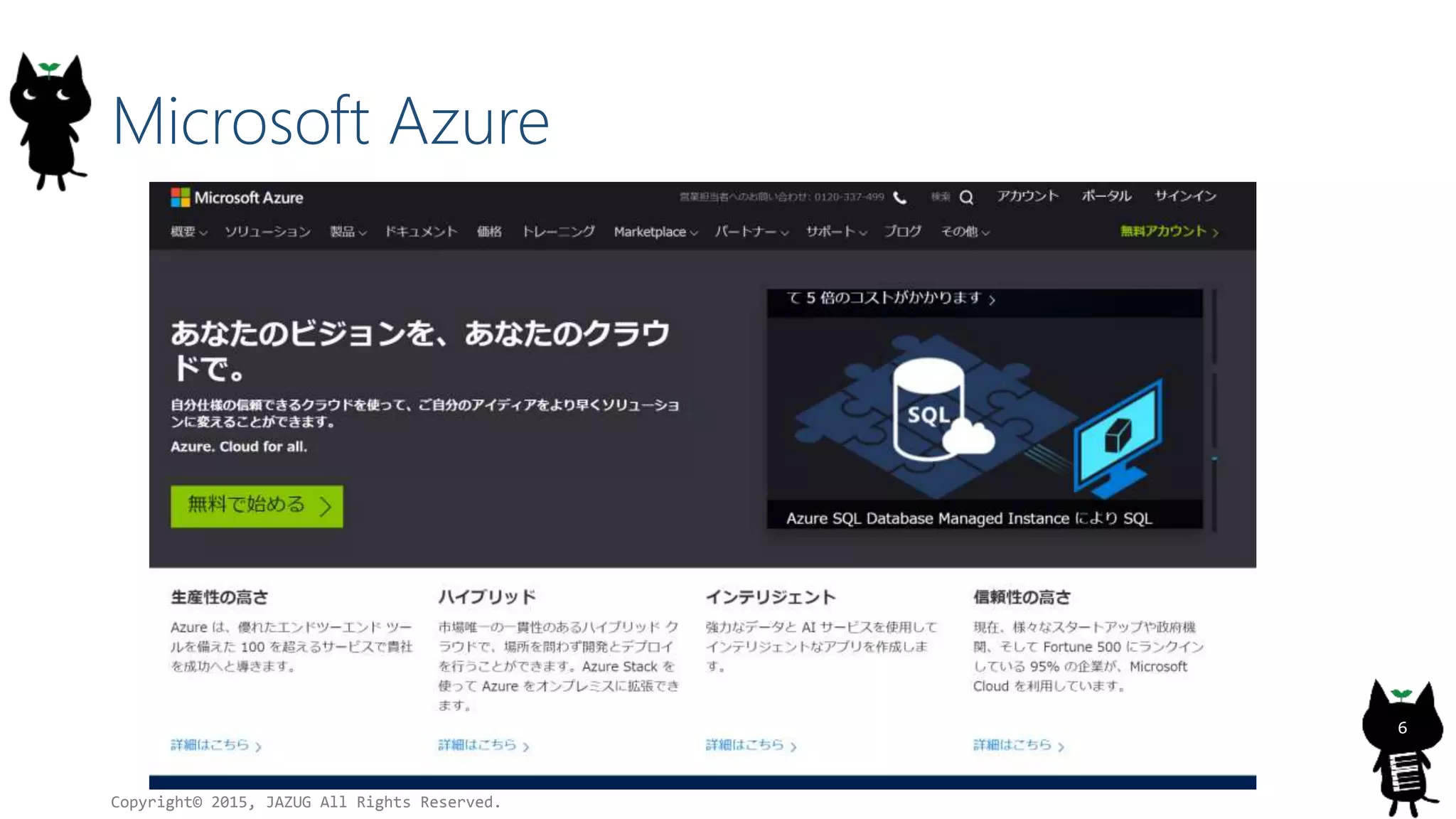 Microsoft Azure
Copyright© 2015, JAZUG All Rights Reserved.
6
 